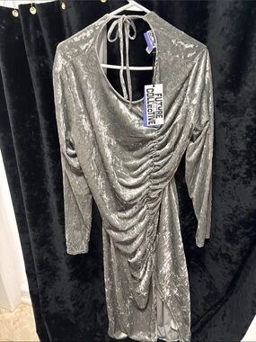 Future Collective Silver Crushed Velvet Ruched Long-Sleeve Dress